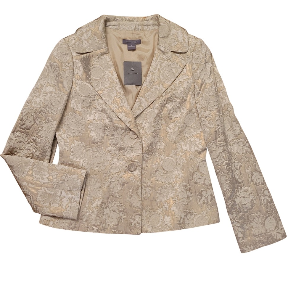 Ann Taylor 8 Blazer Champagne Gold Floral Metallic Brocade Tailored Jacket